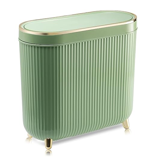 Bathroom Trash Can with Lid 3.2 Gallon Narrow Trash Can Small Plastic Trash Bin 12 Liter with Press Type Lid for Bedroom Bathroom, Mint Green
