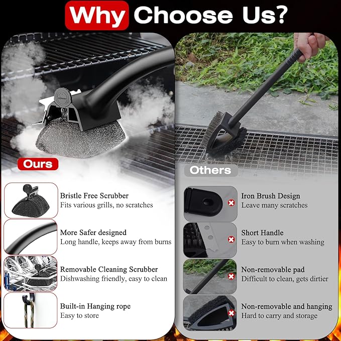 Grill Brush for Outdoor BBQ - Replaceable Bristle Free Heading and Reinforced Scraper - Safe BBQ Brushes for Porcelain/Gas/Charcoal/Smoker/Cast Iron Grill - Cleaning Brush(Black)