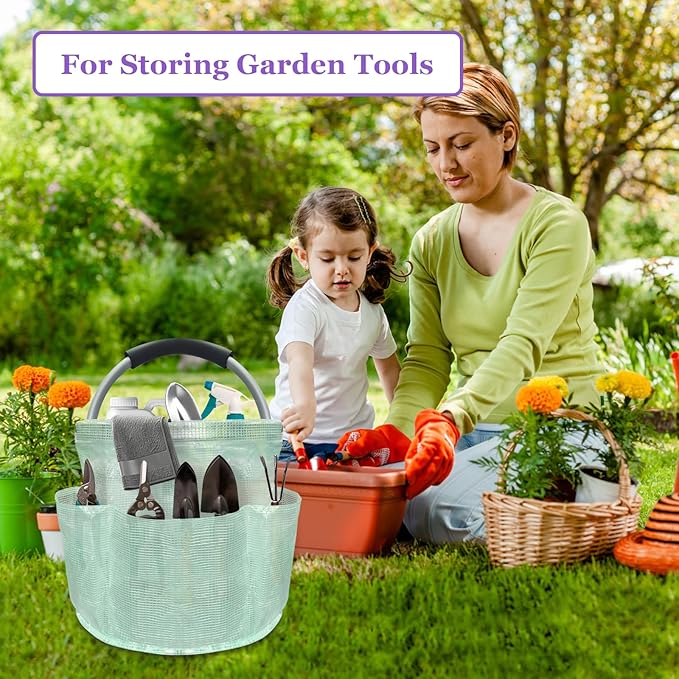 17L Cleaning Caddy for Cleaning Supplies, Foldable Tool Bucket Organizer with 6 Side Pockets, Portable Garden Tool Bag in PVC Resin, Folding Storage Basket for Camping, Gardening, Green