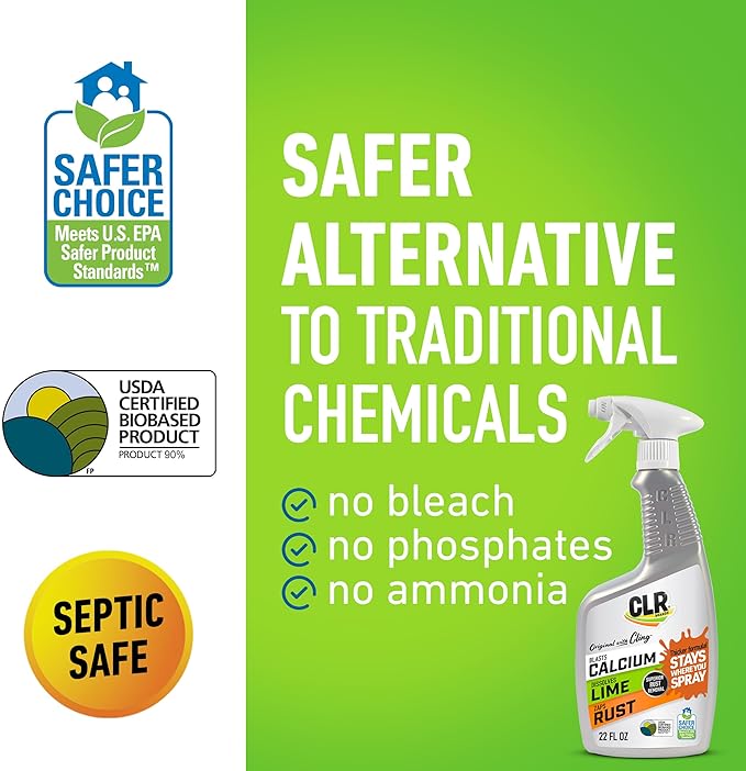 CLR Brands Calcium, Lime & Rust Remover with Cling, 22 oz. Spray Bottle, Adheres to Hard-to-Reach Surfaces, Blasts Calcium, Dissolves Lime Deposits, Zaps Stubborn Rust Stains and Hard Water Deposits
