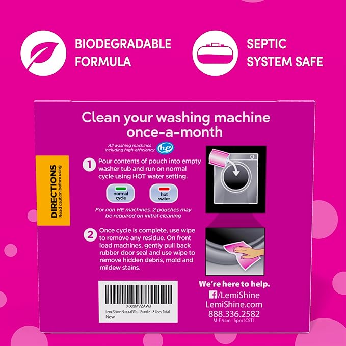 Lemi Shine Washing Machine Cleaner - Hard Water Citric Acid Cleaning Powder - Includes Machine Cleaning Wipes - 16.88 oz (8 Pack)