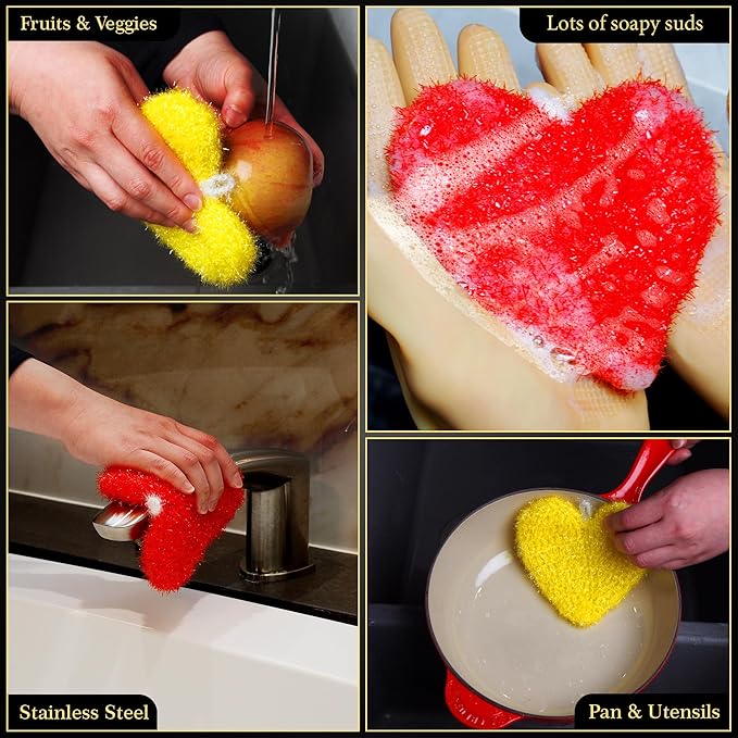 Dish Scrubber–Long Lasting, Non-Scratch, Odorless & Reusable Cookware Scrubber for Kitchen, Bathroom, and Floor–Big & Durable Alternative to Rags & Sponges, Heart Shape (3PK)