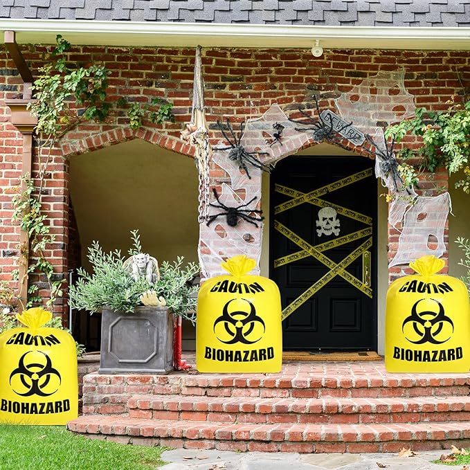 Qilery 4 Pcs Large Halloween Leaf Trash Bags Outdoor Plastic Lawn Waste Bags Biohazard Party Trash Bag Halloween Garden Outdoor Biohazard Zombie Party Decorations