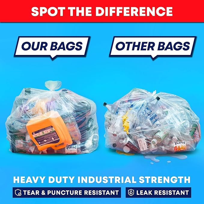 65 Gallon Clear Trash Bags Heavy Duty (MegaPack 50 Bags w/Ties) 64 Gallon Extra Large Clear Plastic Recycling Garbage Bags