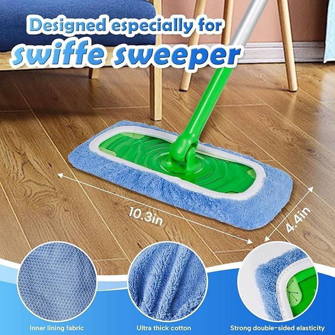 Reusable Microfiber Mop Pads Washable Wet Pads Compatible with Swiffer Sweeper Refills Pads for Wet & Dry Sweeping Cloths Mop Head Replacement for Household Cleaning