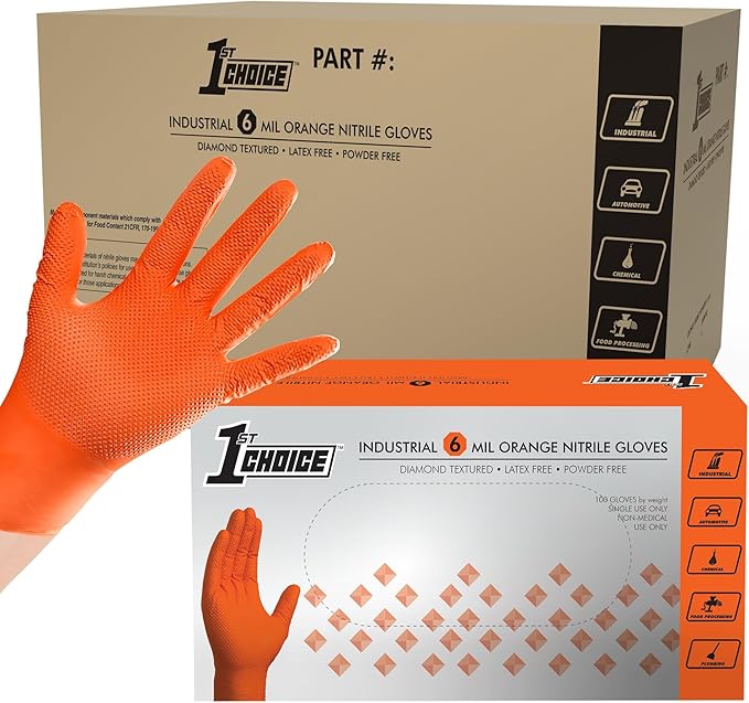 1st Choice 6 mil Orange and Green Nitrile Gloves, Disposable, Latex Free Raised Diamond Grip Mechanic Glove for Men and Women