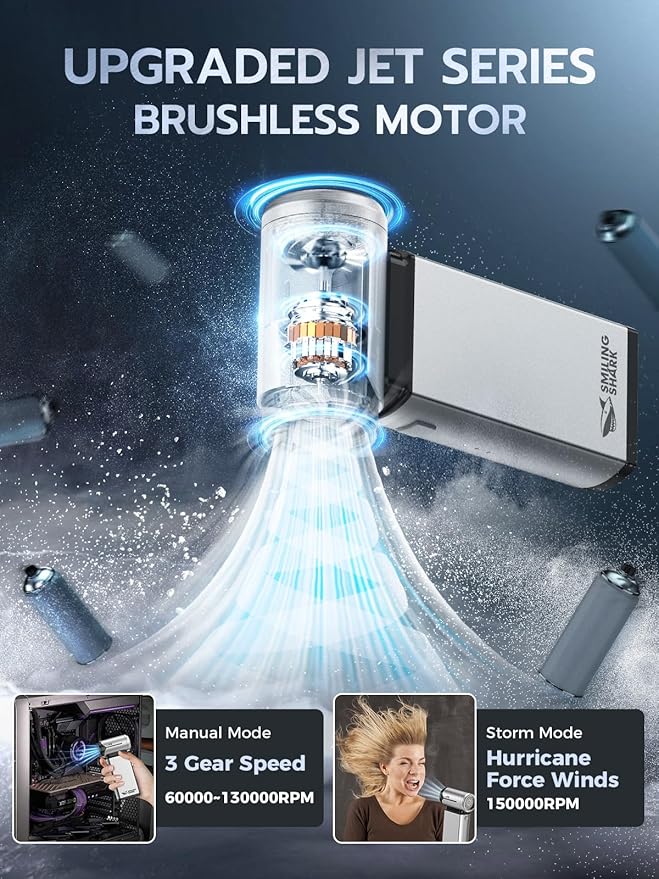 Smiling Shark Compressed Air Duster, J02 Super Power 150000RPM Aluminum Electric Air Duster with Mini Vacuum Cleaner, 2 Modes (Normal&Storm) Adjustable Dust Blower for PC/Outdoor/House/Car