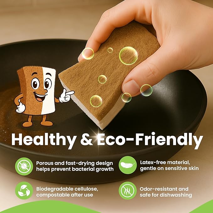 Natural Kitchen Sponges Pack of 12 - Biodegradable Compostable Cellulose & Coconut Scrubber Sponge with Non-Scratch - Long Lasting, Sponges for Dishes, Heavy Duty Dish Scrubber (Rectangular)