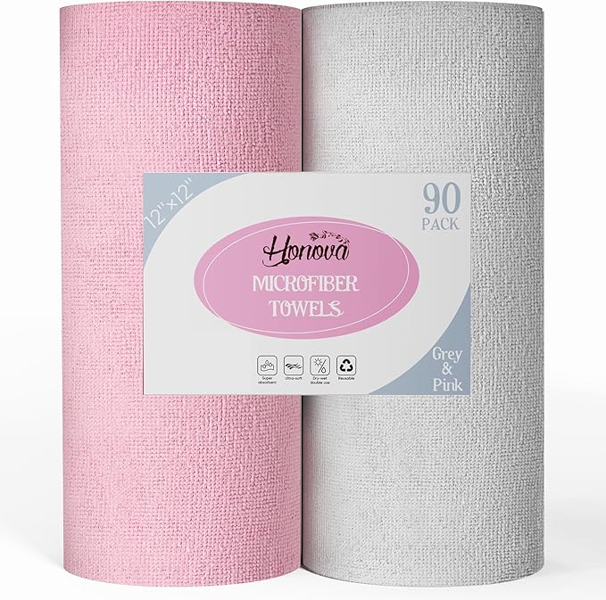 Honova Microfiber Cleaning Cloth Roll-90 Pack, Tear Away Microfiber Towels, 12" x 12", Reusable, Washable, Scratch Free, Highly Absorbent Dish Rags for Car, Home, Garage or Shop(Pink&Grey)