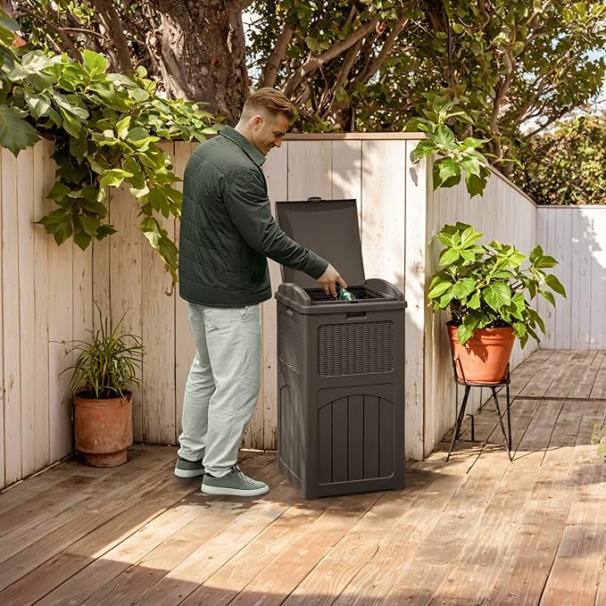 YESHOMY 33 Gallon Resin Outdoor Trash Can with Lid, Hideaway Waterproof Patio Garbage Bin, Brown
