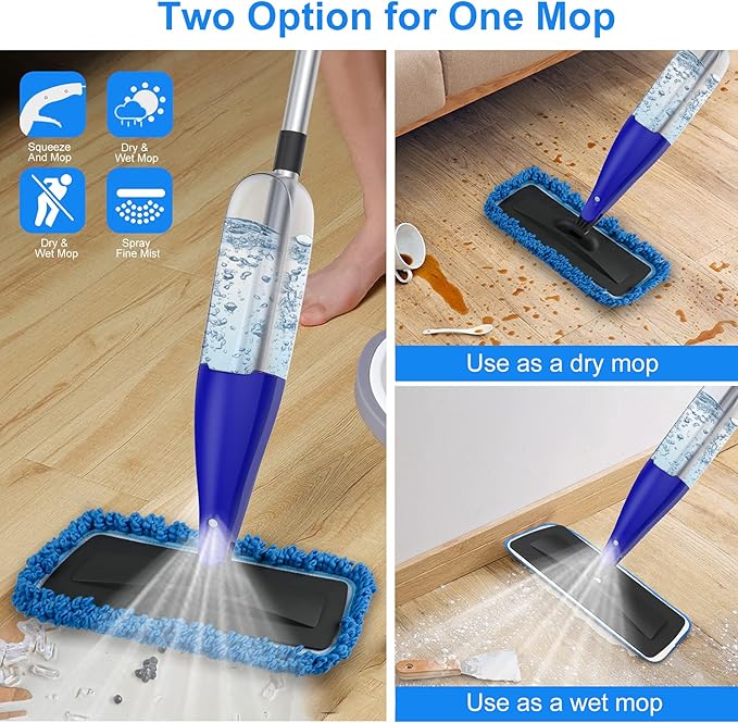 Spray Mop for Floor Cleaning with 3pcs Washable Pads - Wet Dry Microfiber Mop with 800 ml Refillable Bottle for Kitchen Wood Floor Hardwood Laminate Ceramic Tiles Floors Dust Cleaning