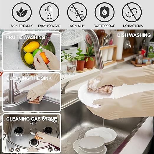 Mamison 2 Pairs Reusable Waterproof Household Dishwashing Cleaning Rubber Gloves, Non-Slip Kitchen Glove (Ivory, XL (Pack of 2))