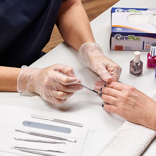 CARE PLUS Vinyl Gloves Clear Medium Size 100 Count | Heavy Duty, Non-Sterile, Powder-Free, Latex-Free Rubber | Food Prep, Kitchen & Cleaning Gloves, Ideal for Professional Use