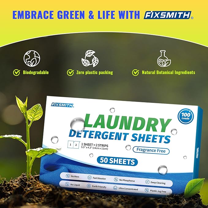 FIXSMITH Laundry Detergent Sheets - 100 Loads (50 Sheets) Fragrance Free - Hypoallergenic,Unscented,Eco Friendly Laundry Detergent Strips Concentrated Travel Detergent Sheets.Plastic-Free,Liquidless