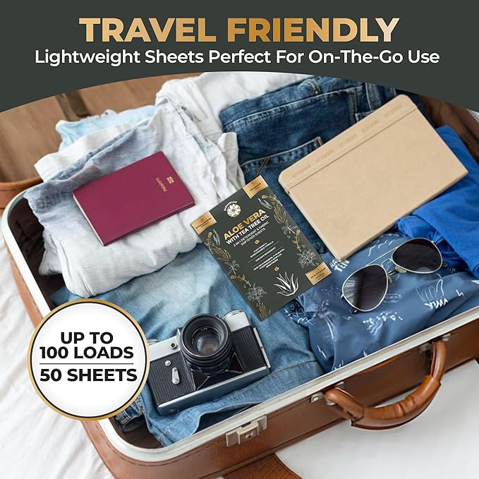 Natural Laundry Detergent & Fabric Softener Sheets | Fragrance-Free & Hypoallergenic | Aloe Vera & Pure Tea Tree Oil | Plant-Based, Biodegradable, Enzyme Powered, Baby-Safe, Eco-Friendly (50 Sheets)