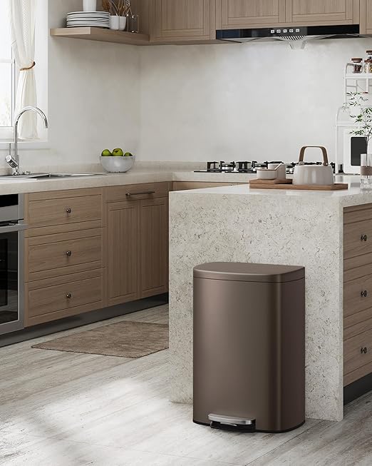 Garvee 13 Gal (50L) and 2.6 Gal (10L) Metal Trash Can Combo Set, Rustproof Garbage Can with Lid, Step-on Trash Bin with Inner Bucket, Rear Handle, Brown