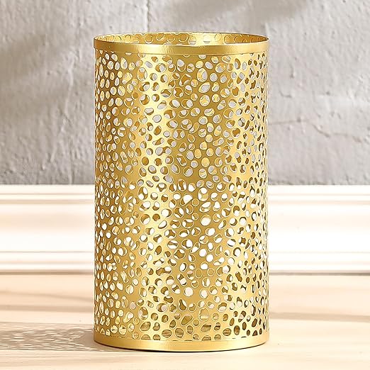 Metal Gold Trash Can, Modern Gold Garbage Can for Office, Cylindrical Metal Waste Basket for Bathroom Bedroom, 7" D x 12" H