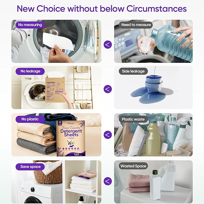 Travel Laundry Detergent Sheets Eco-friendly 120 Loads Fisroa Clothes Washing Detergent Sheets Plastic-Free Washer Strips, Lavender Liquidless Laundry Sheets Strips
