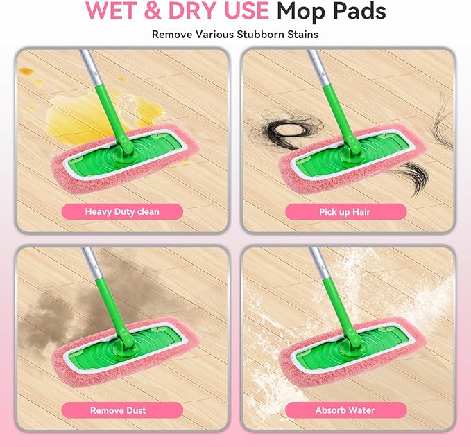 4Pcs Reusable Microfiber Mop Pads Compatible with Swiffer Sweeper，Replacement Wet Mopping pad Refills & Washable Dry Sweeping Cloths for Surface/Hardwood Floor Cleaning（Pink）