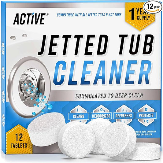 Jetted Tub Cleaner Bathtub Tabs - 12 ACTIVE Cleaning Tablets, Compatible with Whirlpool & Spa Bath System, Jets, Whirl Tubs, Professional Septic Safe Bath Jet Scale and Residue Remover - 1 Year Supply