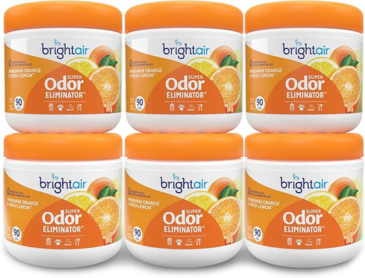 Bright Air 14 oz. Super Odor Eliminator, For Medium-Size Spaces, Mandarin Orange and Fresh Lemon Scent, Case of 6, Air Freshener, Natural Essential Oils, Lasts Up to 90 Days Each