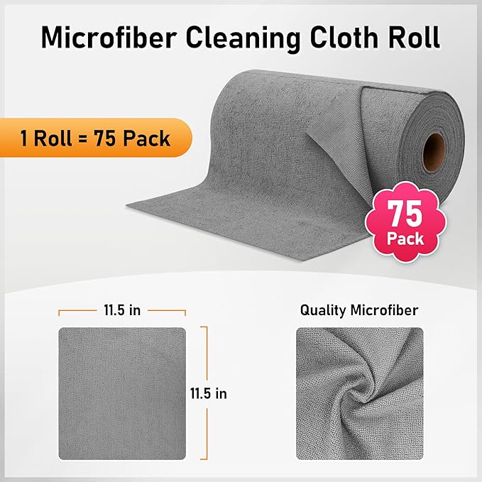 HOMERHYME Microfiber Cleaning Cloth Roll, 75 Pack Tear Away Microfiber Towels, Reusable Washable Shop Towels, Lint Free Cleaning Rags for Car, Home, Garage & Workshop 11.5"x11.5" Grey