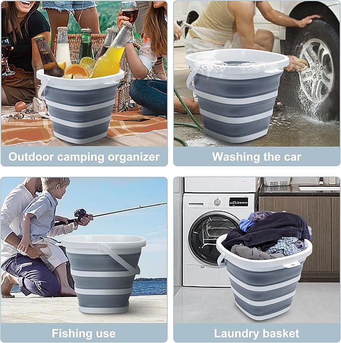 Collapsible Bucket, 2.6 Gallon (10L) - Square Foldable Mop Bucket for House Cleaning, Car Washing, Camping - Portable Water Pail for Outdoor, RV, Travel (Grey)