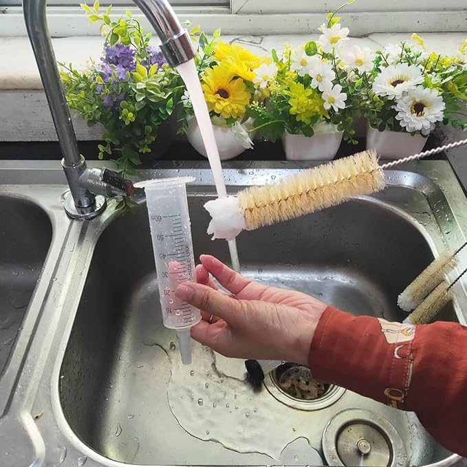 Coralpearl Bottle Brushes Thin Long Handle X 2, Skinny Wire Cleaner Set in Stainless Steel with Natural Boar Bristle at Wool Tip, Bendable Flexible for Cleaning Narrow Neck Bottles, Pipe, Tube, Hose