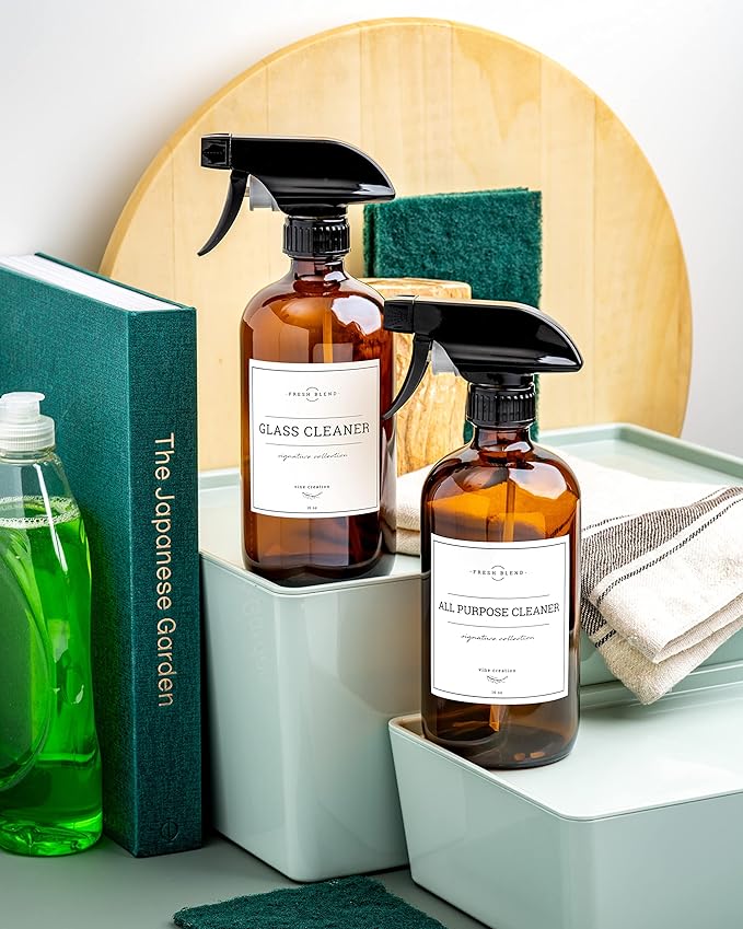 Vine Creations Amber Glass Spray Bottles, 2 Pack Glass Refillable Bottles for Cleaning solutions, 16 oz Spray Bottle for Cleaning, Mister Spray Bottle, Amber Spray Bottles with Waterproof Labels