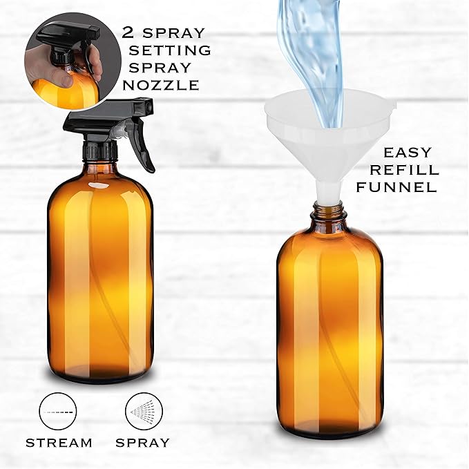 Large 32oz Amber Glass Spray Bottles with Funnel - Refillable Trigger Sprayer Containers for Oils, Cleaning Products, Plant Misting, Cooking, Hair, and Beauty. Includes 4 Bottles and 1 Funnel.