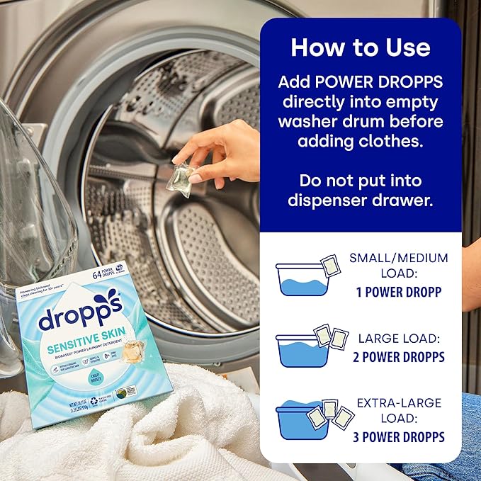 Dropps Sensitive Skin Laundry Detergent Pods, Crisp Breeze (64 Count) - Dermatologist Tested Laundry Pods - HE Compatible Laundry Supplies for Clean Clothes, Vegan & Dye-Free