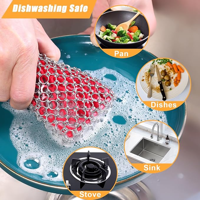 TEZZ 5 Pieces Cast Iron Cleaner Kit Include Stainless Steel Chainmail Scrubber, Dish Scrub Brush, Dual Sided Kitchen Dish Scrubber Sponge, Hot Handle Holder For Cleaning Cast Iron Skillets, Pot & Pans
