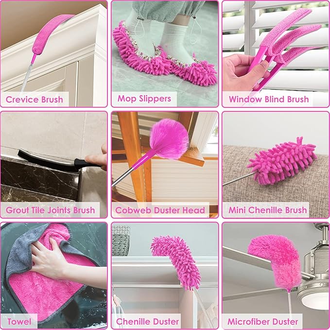 ThinkLearn Microfiber Dusters for Cleaning,14PCS Feather Dusters with Extension Pole,Bendable Washable and Extendable Duster for High Ceilings, Fans and Blinds House Cleaning Kit Pink Gift for Women