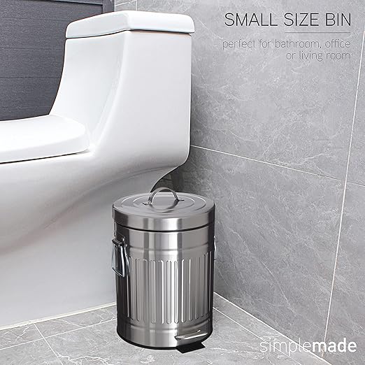 SIMPLEMADE Round Step Trash Can - 5 Liter / 1.3 Gallon - Stainless Steel Bathroom Wastebasket with Lid