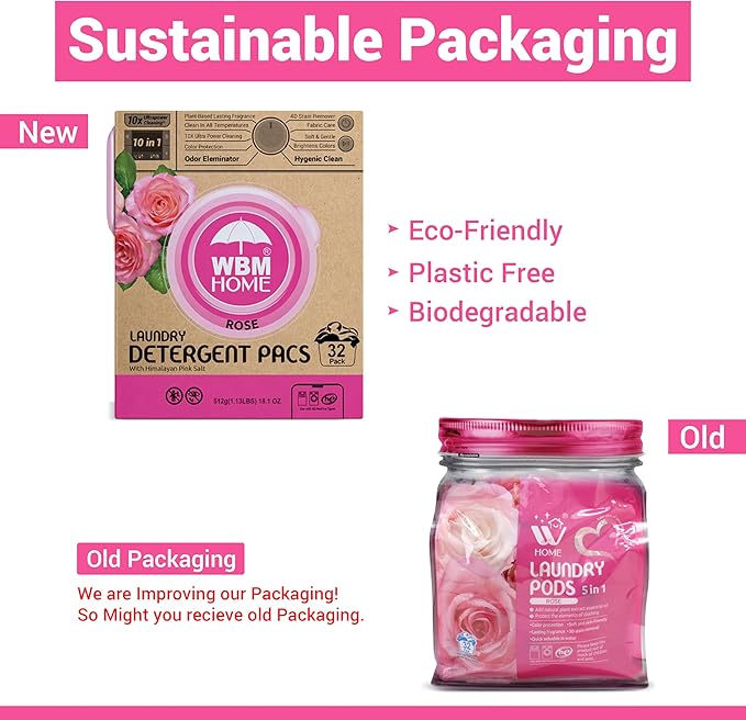 WBM 10-in-1 Laundry Pods, Total 128 Count, High Efficiency, Ultra Concentrate with Powerful Stain Lifter Technology, Fabric Softener With Rose Extracts, Detergent Pods