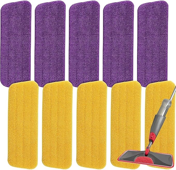 16.5 inch Microfiber Mop Pads for Rubbermaid Reveal Spray Mop and Any 16.5" Flat Mop - 10 Pack 13''-15'' Spray Mop Pad Reusable Washable Replacement Refills - Purple & Yellow