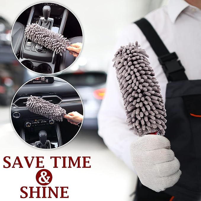 Car Duster Interior by TAKAVU, 360° Microfiber Fingers, Unbreakable Comfort Handle, Lint and Scratch Free, Include Microfiber Towel, for Car & Home Use, The Best Auto Accessories Gray