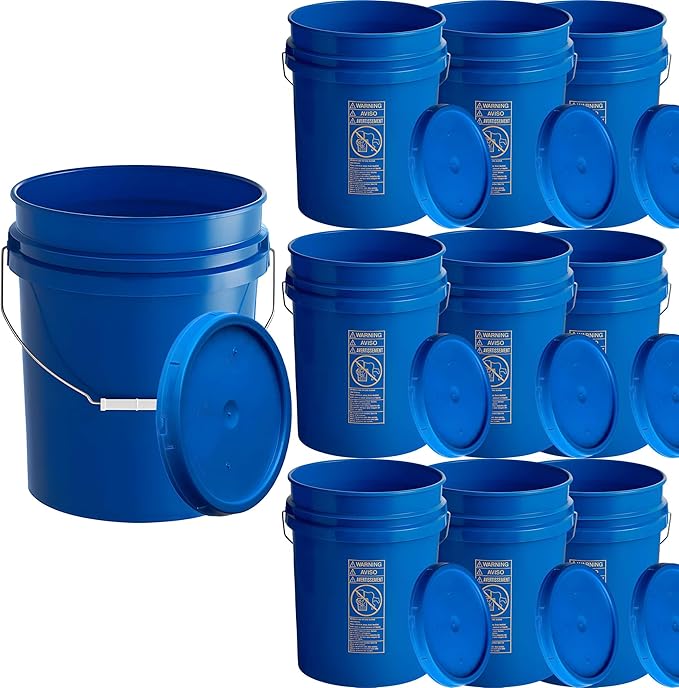 10 Pack - 5 Gallon Plastic Buckets with Lids - Food Safe, Stackable, BPA-Free Bulk Storage