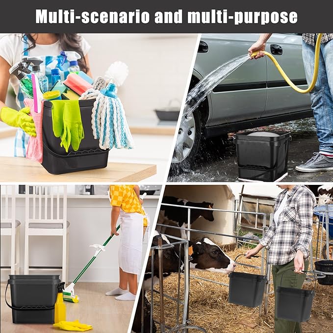 4 Pcs Plastic Bucket 5 Quart Square Bucket Utility Small Pail with Handle Sturdy Pail Organizer for House Cleaning Storage Livestock Feeding Car Washing Food Storage, No Lids(Black)