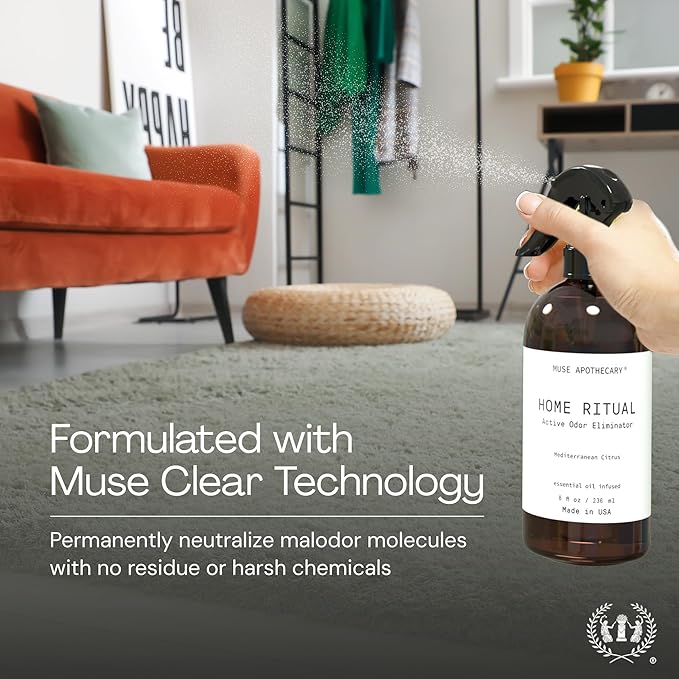 Muse Apothecary Home Ritual Active Odor Eliminator Spray - Furniture Deodorizer Spray & Bathroom Odor Eliminator for Home - Essential Oil Air Freshener - 4oz, Lavender Fields