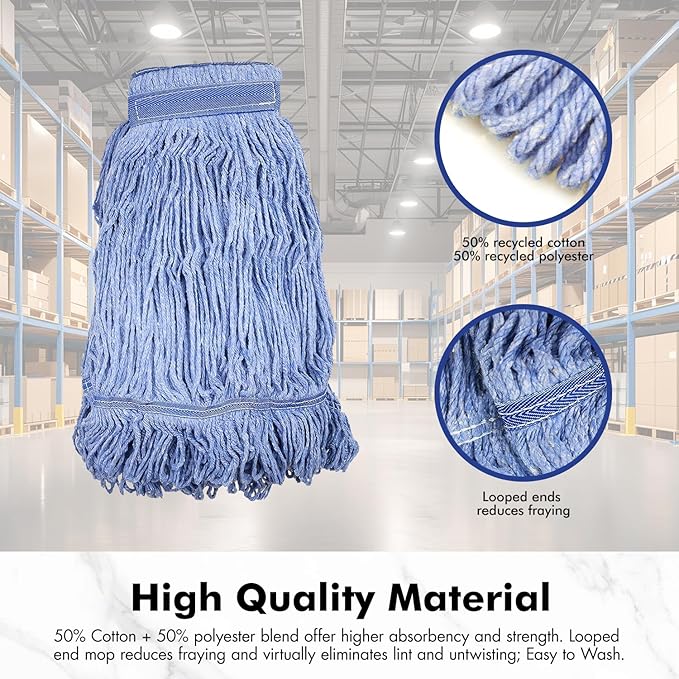 KULED Commercial Mop Head Replacement, Heavy Duty Industrial Cotton Mop Heads, Looped-End String Wet Mop Head for General and Floor Cleaning, Blue (3 Count)