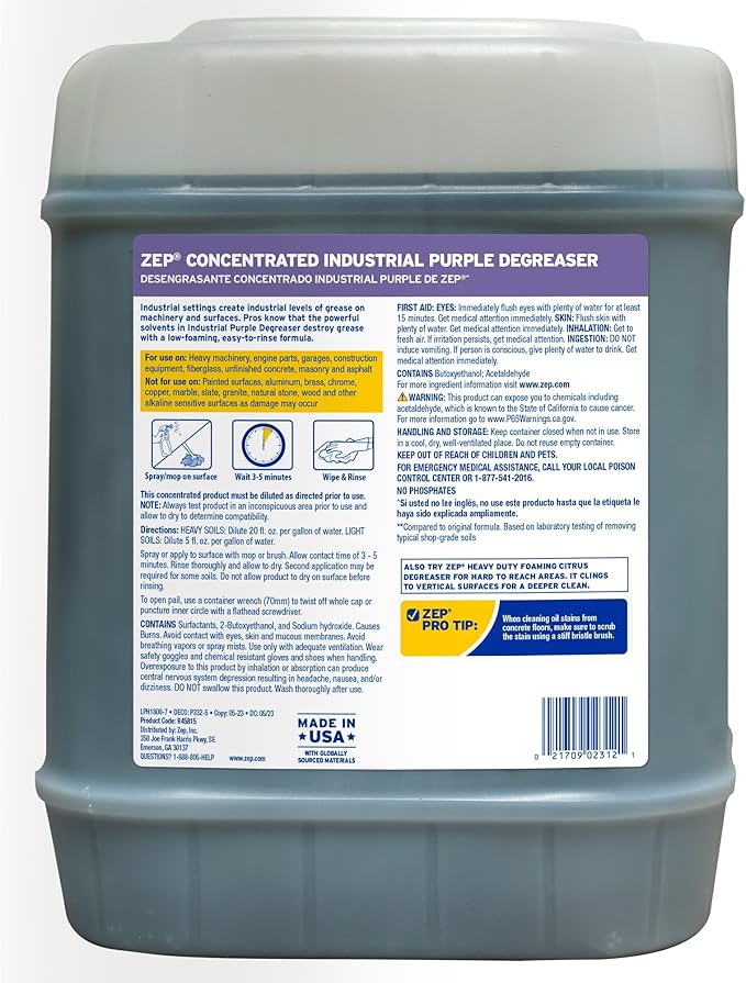 Zep Industrial Purple Cleaner and Degreaser Concentrate - 5 Gallon (Case of 1) R45815- Easy to Rinse Formula
