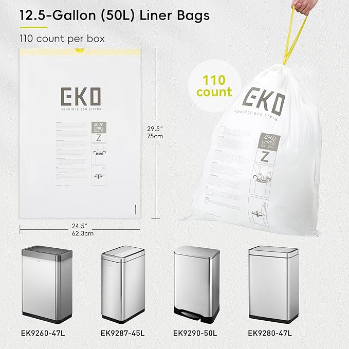 EKO 12.5 Gallon / 40-60 Liter, 110 Count Drawstring Trash Bags, Extra-Strong Garbage Bags, Unscented, Leak-Resistant, Easy-Dispense Roll for Kitchen & Household Use, Code Z, White