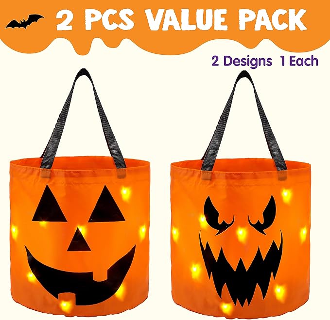 JOYIN 2 PCS Halloween Trick or Treat Bags 10 x 11.8 inches LED Light Orange Pumpkin Buckets Reusable Goody Candy Bucket for Kids Trick or Treating, Halloween Birthday Party Favor Supplies
