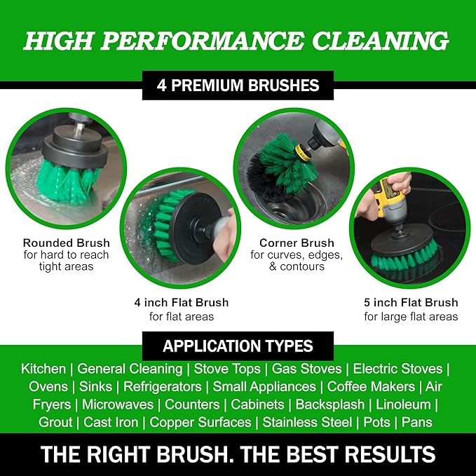 Kitchen Drill Brush Set - Drill Powered Cleaning Tools for Stainless Steel Sink, Copper Sink, Stove Top, Oven, Pots, Pans, & Cabinets - Pot Scrubber - Air Fryer Cleaning Brush Set- Stove Cleaner Kit
