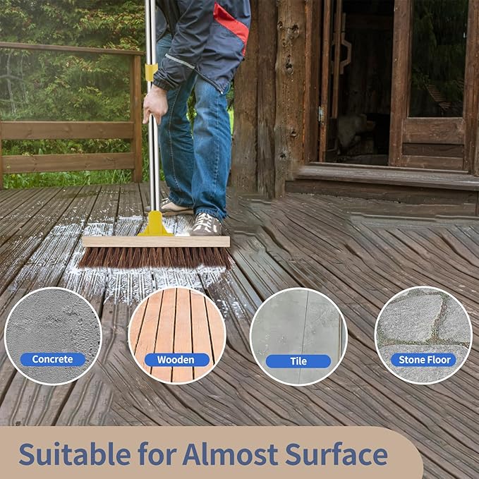 Floor Scrub Brush with Long Handle - 60" Heavy Duty Deck Brush with Stiff Natural Palmyra Bristle for Scrubbing, Outdoor Scrubber Brushes for Cleaning Concrete Floor, Garden, Patio, Shower