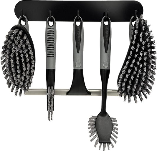 Scrub Brush Set of 6 pcs - Cleaning Shower Scrubbers with Squeegee for Shower Glass and Adhesive Wall Hooks Including Grout Cleaner Brush, Scrub Brushes for Cleaning Bathroom, Shower, Tile, Bathtub