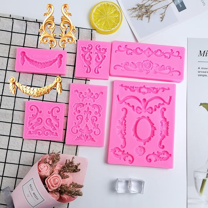 Baroque Style Silicone Molds, Curlicues Scroll Lace Fondant Molds, Vintage Relief Flower Mould Filigree 3D Clay Mold for Gummy Sugar Cookie Pastry Chocolate Mold for Clay Cupcake Topper Decor(6Pcs)