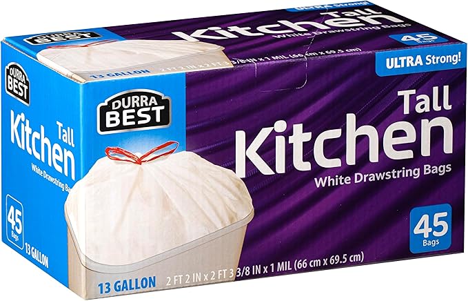 Heavy-Duty 1 Mil 13 Gallon White Trash Bags (45 Count) - Drawstring, Leak-Resistant for Home & Commercial Use