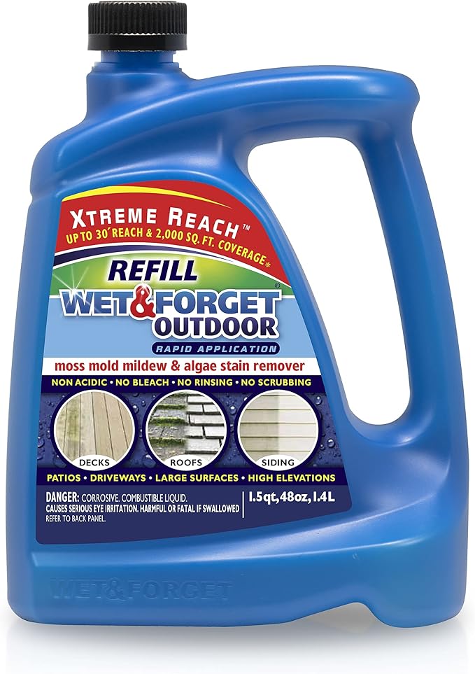 Wet & Forget Outdoor Moss, Mold, Mildew, & Algae Stain Remover Multi-Surface Cleaner, Xtreme Reach Hose End Refill, 48 Fluid Ounces